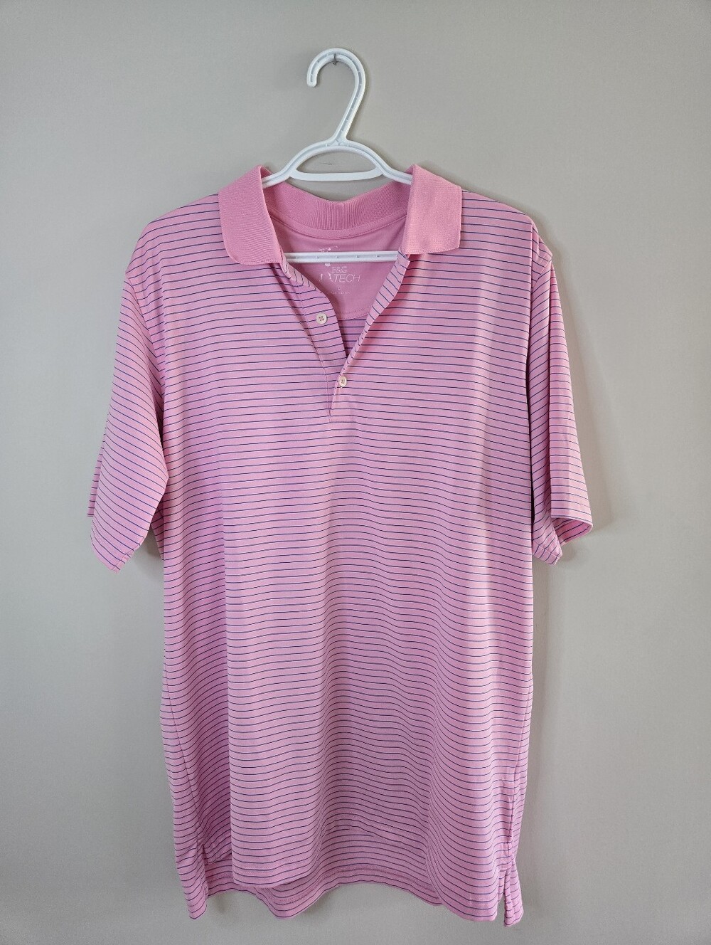 Men's pink + blue striped golf polo shirt, breathable, size large + new